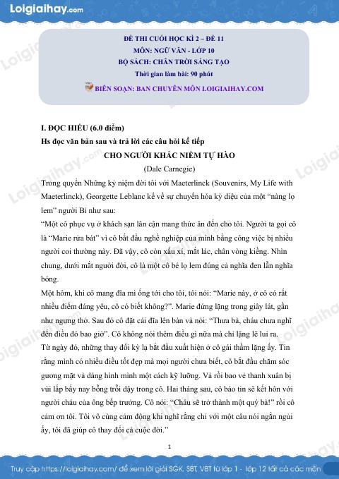 Đề thi học kì 2 Văn 10 Chân trời sáng tạo - Đề số 11